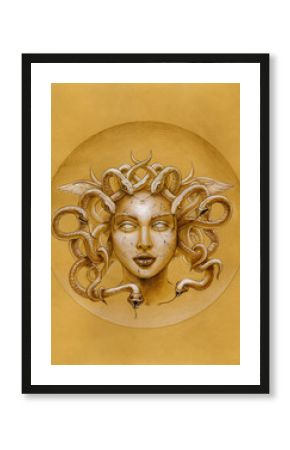 Medusa Gorgon. Watercolor illustration on vintage paper.