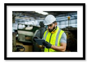 40's male industrial engineer wearing a white helmet while standing in a heavy industrial factory behind. The Maintenance looking of working at industrial machinery and check security system setup.