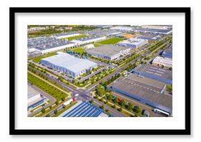 Aerial view of industrial zone and technology park on Bory suburb of Pilsen city in Czech Republic, Europe. Industrial fields from above. Background concept.
