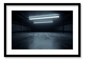 Dark Concrete Led White Lights Underground Tunnel Corridor Cement Asphalt Hallway Warehouse Tunnel Corridor Metal Structure Realistic Empty 3D Rendering