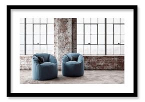 Three dimensional render of two chairs standing in front of windows inside industrial loft