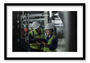 Male engineer and female engineer working together in an industrial plant room