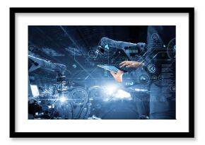 Manager Technical Industrial Engineer working and control robotics with monitoring system software and icon industry network connection on tablet. AI, Artificial Intelligence, Automation robot arm