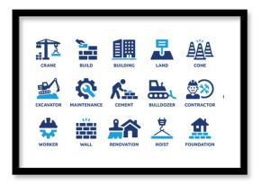 Build and construction icon element set. Containing crane, building, land, excavator, maintenance, contractor, worker, architecture and more. Solid icons vector collection.