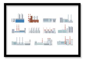 Set of plants and factories. Various industrial facilities. Vector graphics