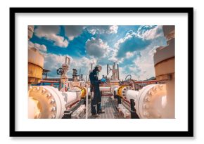 Male worker inspection at steel long pipes and pipe elbow in station oil factory during refinery valve of visual check record pipeline tank oil and gas