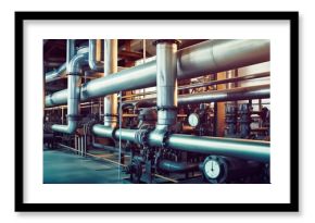 Industrial zone, Steel pipelines, valves and pumps. A large industrial pipe system in a factory. Generative AI
