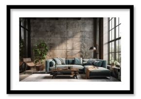 Industrial Interior Design Background. Stylish Living Room. Generative AI.