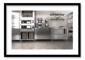 Commercial, professional bakery kitchen and stainless steel convection, deck oven, freezer, refrigerator, kneading machine, table, cabinet, bread, bun and ingredient for baking, business background 3D