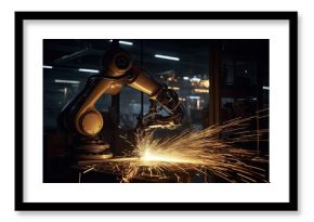 Generative AI illustration of robotic arm welding with glowing light in empty dark room in industrial building of factory