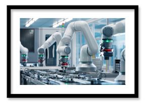 Advanced High Precision Robot Arm inside Bright Electronics Factory. Electronic Devices Production Industry. Component Installation on Circuit Board. Fully Automated Modern PCB Assembly Line.
