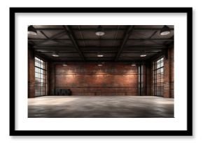 Industrial loft style empty old warehouse interior,brick wall,concrete floor and black steel roof structure
