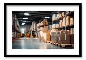 Retail warehouse full of shelves with goods in cartons, with pallets and forklifts. Logistics and transportation blurred background. Product distribution center. 