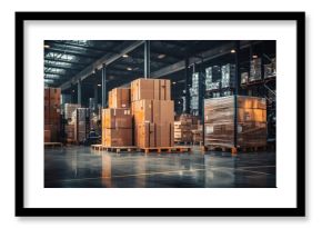 Retail warehouse full of shelves with goods in cartons, with pallets and forklifts. Logistics and transportation blurred background. Product distribution center. 