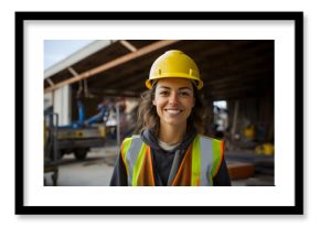 portrait of smiling female engineer on site wearing hard hat, high vis vest, and ppe