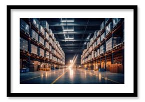 A large warehouse with numerous items. Rows of shelves with boxes.  Logistics. Inventory control, order fulfillment or space optimization. Illustration for advertising, marketing or presentation.