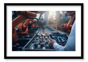 Engineers test the control of robot arm, Intelligent machine in factory industrial on real-time monitoring system software. Robots weld workpieces and produce industrial parts to reduce human labor