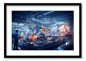 Industry 4.0 smart factory interior showcases advanced automation, machinery, and robotics in a futuristic industrial setting.
