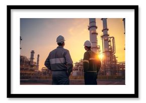 Refinery industry engineer are working and discussing at front oil and gas industrial factory,Oil refinery plant for industry..