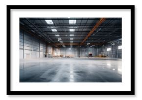 A Empty warehouse with concrete floor inside industrial building Use it as a large factory, warehouse, hangar or factory. Modern interior with steel structure with space for an industrial background.