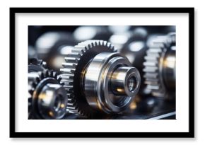 Close up of silver metallic engine gear wheels on industrial background with mechanical components