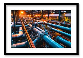 Horizontal view of an industrial facility with steel pipes, valves, and machinery.