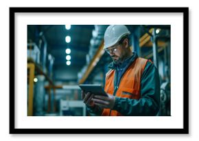 Focused Engineer Using Tablet in Manufacturing Plant. A concentrated male engineer in safety gear inspects production data on a tablet inside an industrial manufacturing facility.