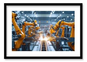 Industrial welding hand robots in manufacturing production lines plants