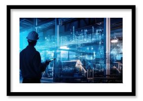 Silhouette engineer control auto robot in industry 4.0 manufacturing with smart connect communication technology including 5g, artificial intelligent AI, big data, IOT. Warm background