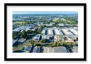 Drone aerial photograph of industrial buildings and surroundings in the Nepean Business Park in the greater Sydney suburb of Penrith in New South Wales in Australia
