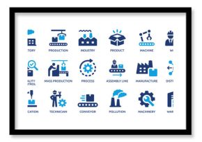 Factory icon set. Containing industry, production, machine, manufacture, warehouse, fabrication, goods and more. Solid vector icons collection.