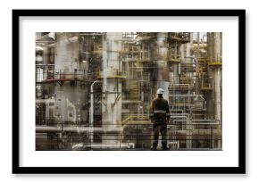 An engineer surveys the sprawling complexity of a chemical processing plant, with intricate networks of pipes and distillation columns, representing the grandeur of industrial engineering.