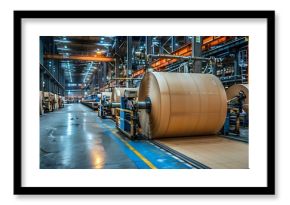 Large industrial machine producing paper cardboard in a factory setting. Concept Factory Production, Paperboard Manufacturing, Industrial Machinery, Mechanical Processes, Manufacturing Industry