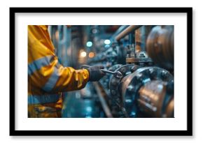 Engineer adjusting large industrial valves with a wrench in an oil refinery