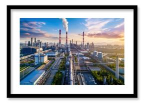 industrial factory park background, realistic image with blue sky