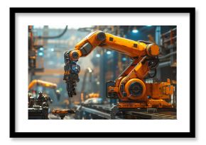 Cyber engineering in an industrial setting, with AI-powered robots performing tasks