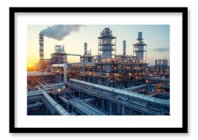 Industrial Background, Exterior view of a factory with a tangle of pipes and ducts, against a backdrop of industrial buildings and smokestacks. Illustration image,