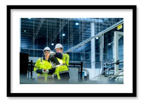 Male and female engineers in neat work clothes prepare and control the production system of large modern machines in a factory producing industrial technology products.