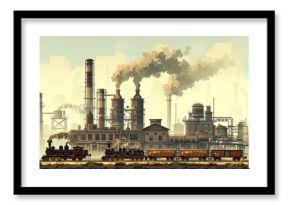 Vintage steam train passing an industrial factory with smoke stacks in the background, evoking a sense of early 20th-century industrialization.