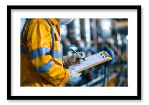 Engineer in protective gear checking machinery in an industrial plant, writing on a clipboard, ensuring safety and efficiency.