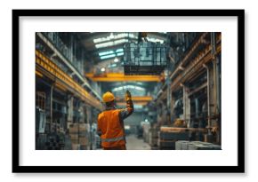 A worker in a yellow hardhat operates a crane to move a heavy load in an industrial warehouse.