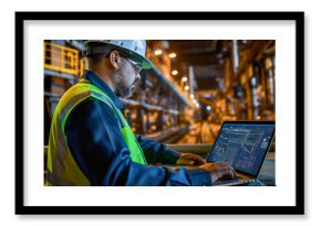 An industrial engineer wearing safety gear uses a laptop to monitor data and control machinery in a factory setting.