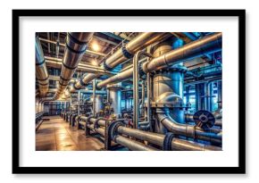 Complex network of large metallic pipes and machinery within a dimly lit underground industrial water treatment facility backdrop.