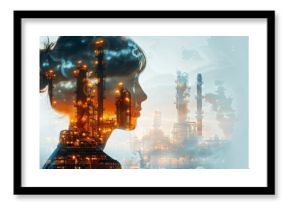 Double exposure image of a womans head superimposed over an industrial factory at sunset