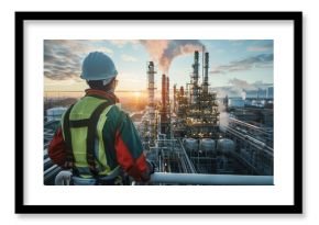 A man in a safety vest stands on a railing overlooking a large industrial plant