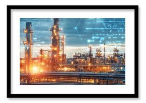 Futuristic industrial landscape featuring digital technology, energy production, and dynamic processes in an advanced refinery.