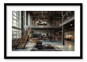 Utilize vertical space by incorporating lofted work areas or offices above the main floor. Use metal staircases and railings to maintain the industrial aesthetic, office interior design 