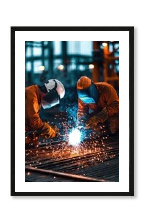 Offshore workers welding metal on an oil platform, with sparks flying from the welding process. The workers wear protective safety gear and helmets, highlighting the industrial setting.