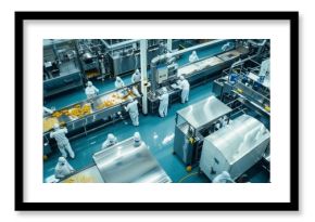 Workers in a sterile food processing plant, meticulously handling and packaging food products, highlighting industrial precision and hygiene.