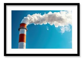 Close-up view of an industrial chimney releasing thick white smoke against a bright blue sky, emphasizing the environmental impact of unregulated carbon emissions